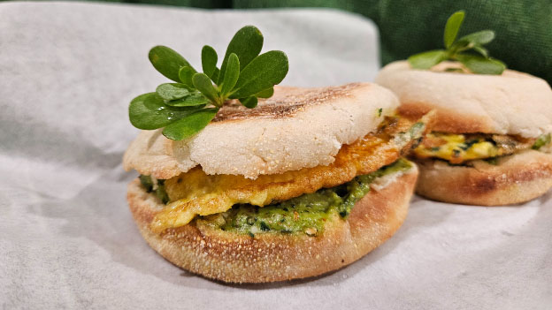Toasted Purslane Egg and Feta Sandwich